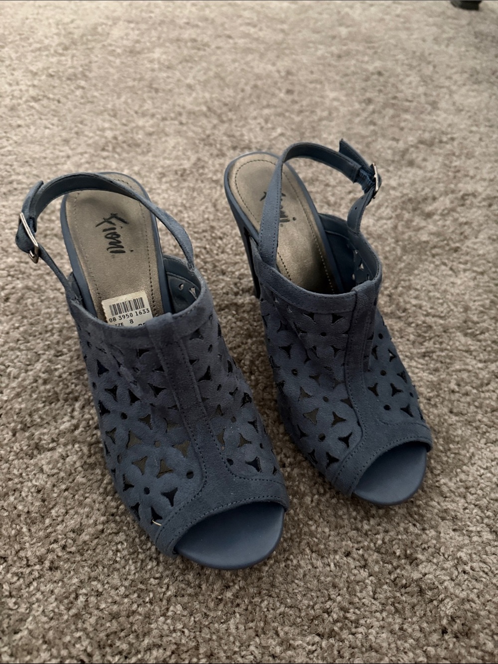 FIONI Clothing Blue Laser-Cut Peep-Toe Slingback Heels
